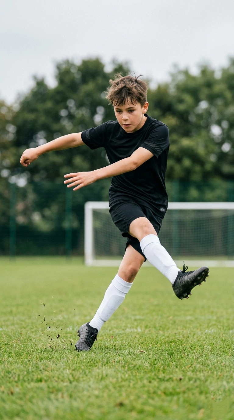 A young footballer following through after striking the ball