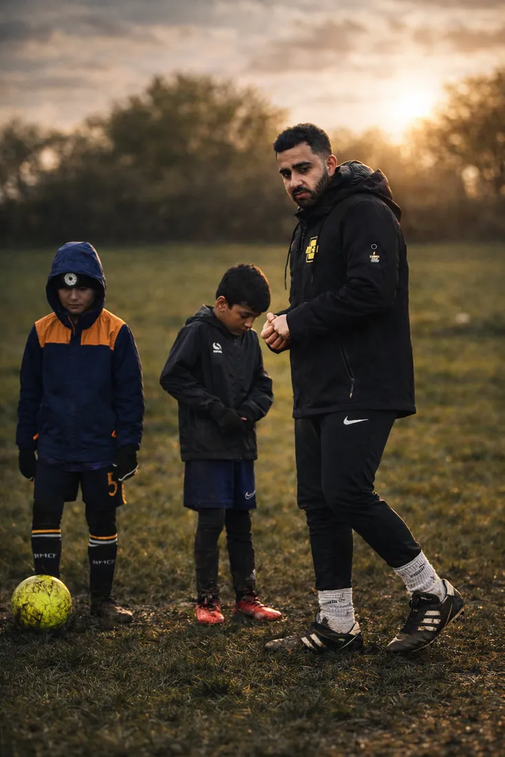 A coach guiding two young players at a session